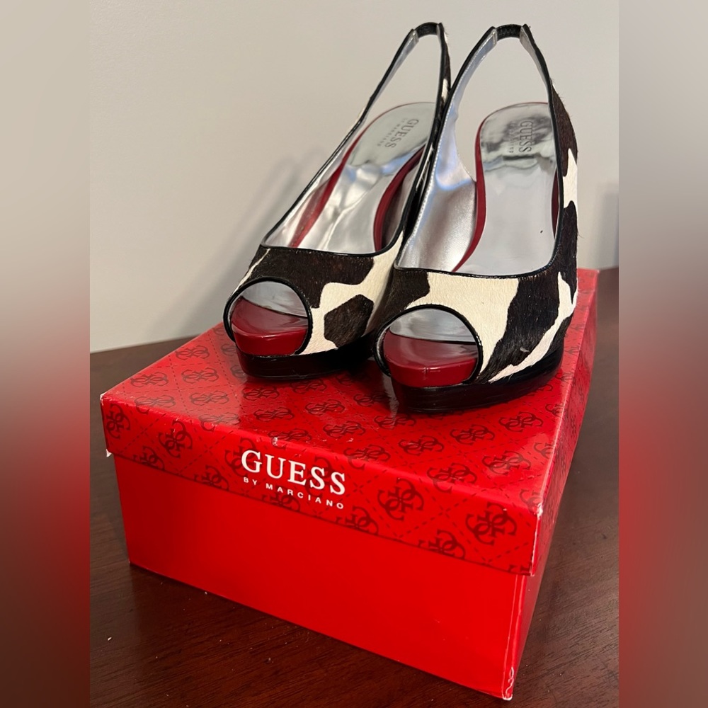Guess by Marciano, GWCHANDRA, black multi pony print peep toe stilettos.
